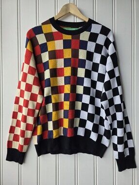 United Colors of Benetton Multicolor Block Check Crew Neck Knit Sweater Large